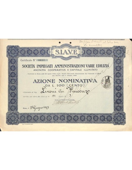 SOC. IMPIEGATI AMMINISTRAZIONI VARIE EDILIZIA - 1 AZIONE ROMA 1923
