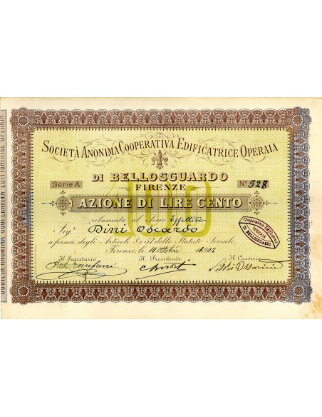 1902 - COOPERATIVA EDIFICATRICE OPERAIA DI BELLOSGUARDO - 1 AZIONE - FIRENZE