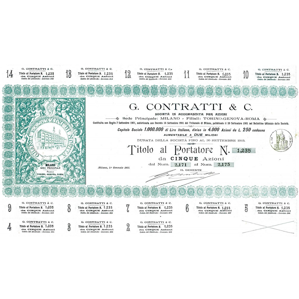 1902 - G. CONTRATTI & C. - 5 AZIONI - MILANO