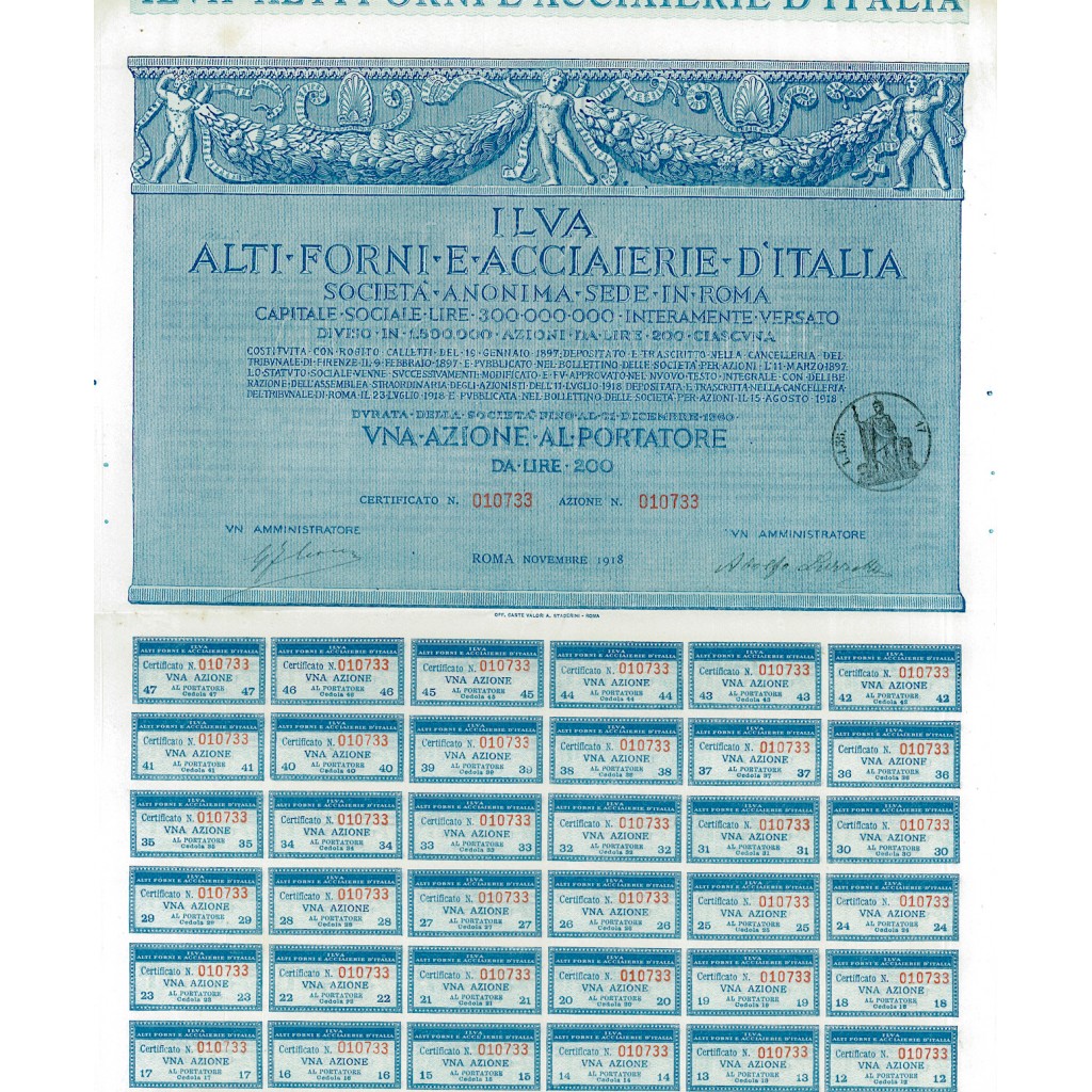 1918 - ILVA - ALTI FORNI E ACCIAIERIE D`ITALIA - 1 AZIONE - ROMA