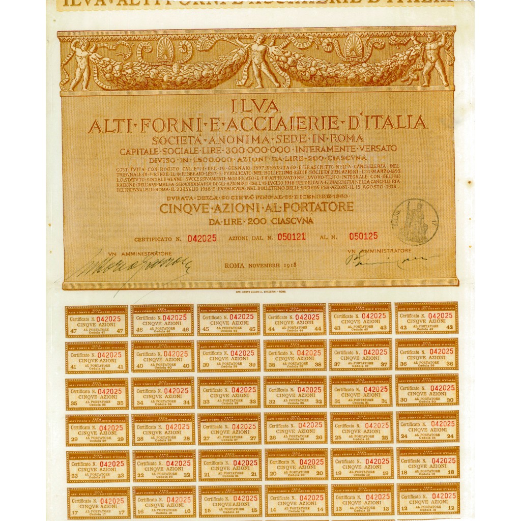 1918 - ILVA - ALTI FORNI E ACCIAIERIE D`ITALIA - 5 AZIONI - ROMA