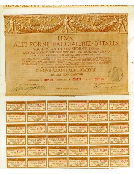 1918 - ILVA - ALTI FORNI E ACCIAIERIE D`ITALIA - 5 AZIONI - ROMA