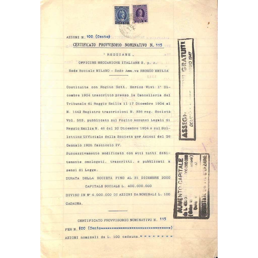 REGGIANE OFFICINE MECCANICHE ITALIANE SPA - 100 AZIONI R. EMILIA 1947