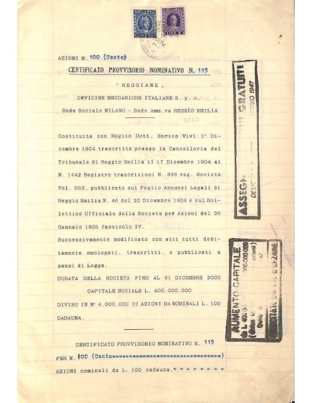 REGGIANE OFFICINE MECCANICHE ITALIANE SPA - 100 AZIONI R. EMILIA 1947