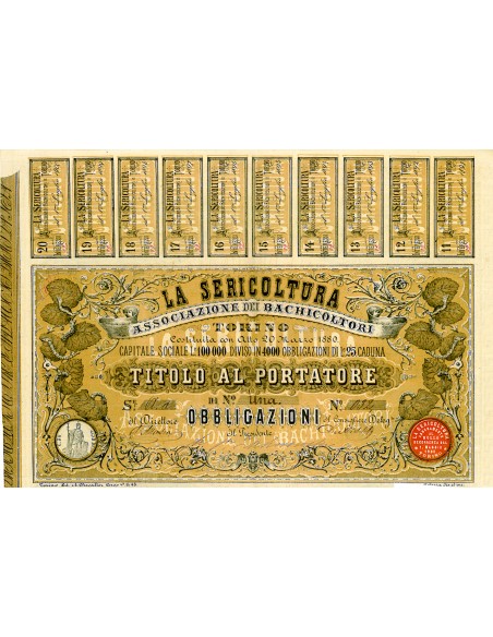 1880 - LA SERICOLTURA ASSOCIAZIONE DEI BACHICOLTORI - OBBLIGAZIONE - TORINO