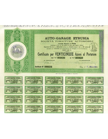 1908 - AUTO GARAGE ETRURIA SOC. FORNITURE AUTOMOBILI S.A. - 25 AZIONI - PISA