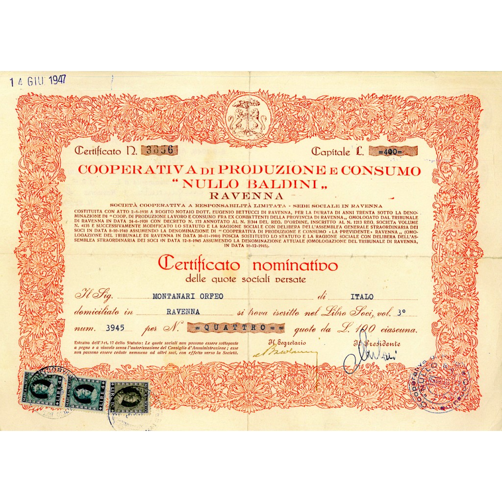 1938 - COOPERATIVA DI PRODUZIONE E CONSUMO "NULLO BALDINI" RAVENNA