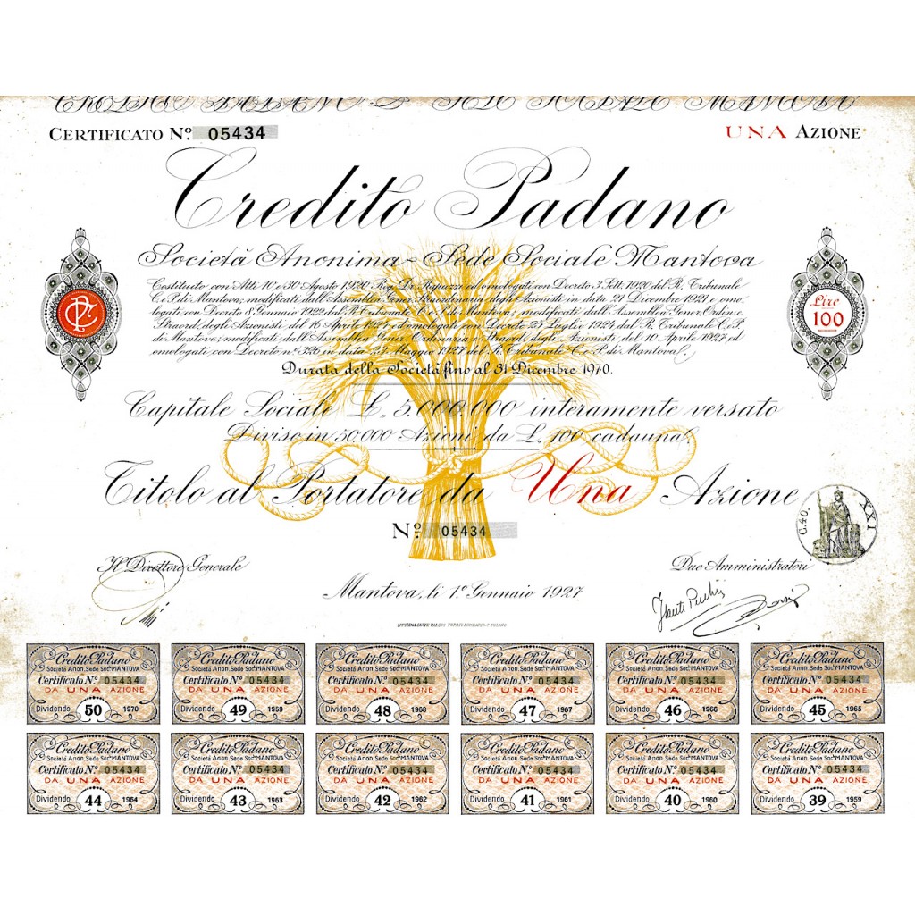 1927 - CREDITO PADANO - 1 AZIONE - MANTOVA