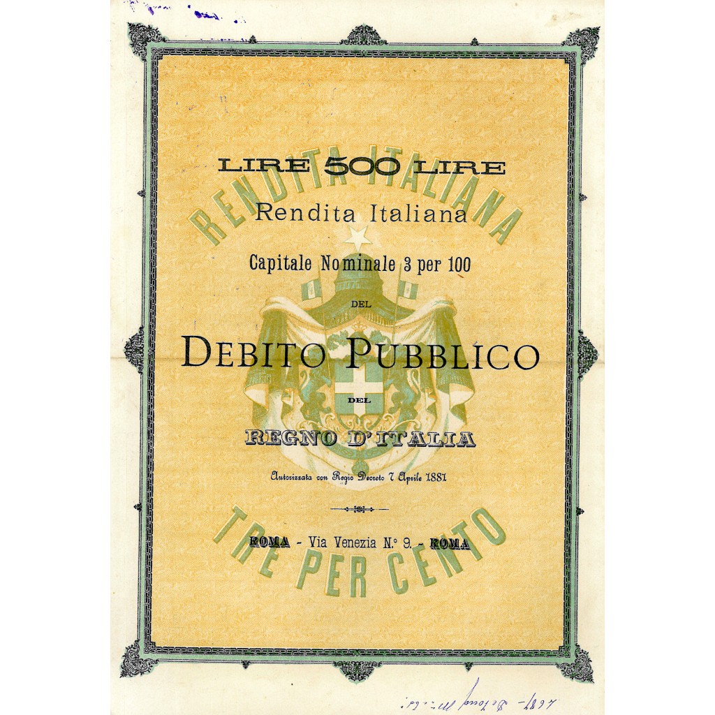 1889 - RENDITA ITALIANA CAPITALE NOMINALE 3% -...