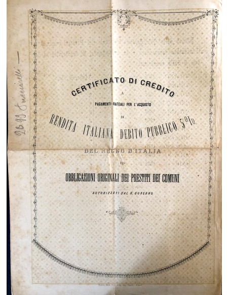 1861 - RENDITA ITALIANA DEBITO PUBBLICO 5% REGNO D'ITALIA  - ALBERTO OLIANI PADOVA