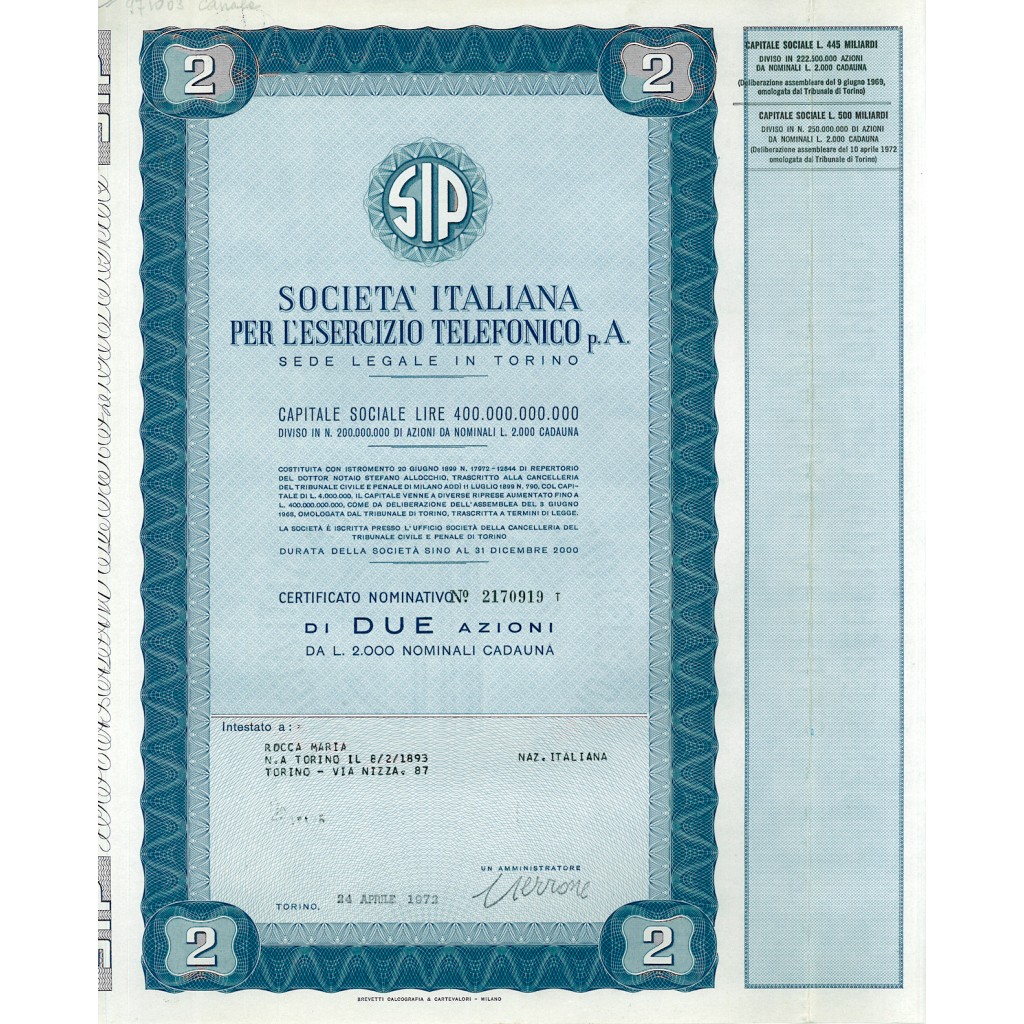 1972 - SIP SOCIETA' ITALIANA PER L'ESERCIZIO TELEFONICO - 2 AZIONI - TORINO