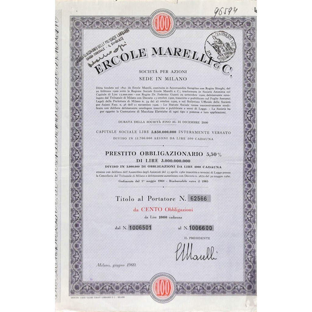 ERCOLE MARELLI & C. SPA - 100 OBBLIGAZIONI MILANO 1960