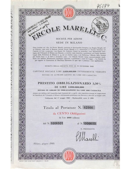ERCOLE MARELLI & C. SPA - 100 OBBLIGAZIONI MILANO 1960