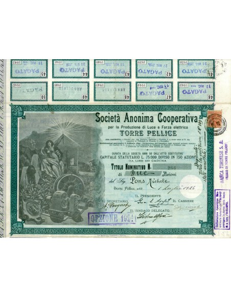 1924 - SOC. ANON. COOP. PER PRODUZIONE LUCE  E FORZA ELETTRICA TORRE PELLICE 2 AZIONI