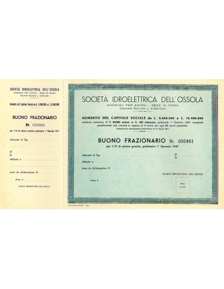1947 - SOCIETA' IDROELETTRICA DELL'OSSOLA - BUONO FRAZIONARIO - ROMA