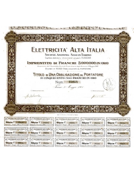 1908 - ELETTRICITA' ALTA ITALIA - 1 OBBLIGAZIONE - TORINO