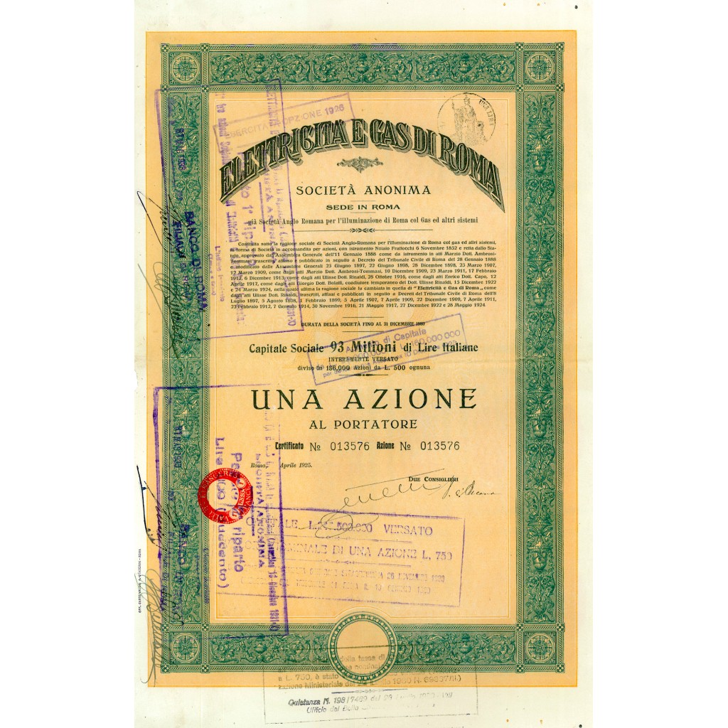 1925 - ELETTRICITA' E GAS DI ROMA - 1 AZIONE -...