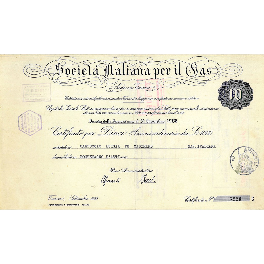 1952 - ITALIANA PER IL GAS - 10 AZIONE - TORINO