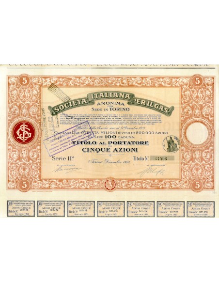 1924 - ITALIANA PER IL GAS - 5 AZIONI - TORINO