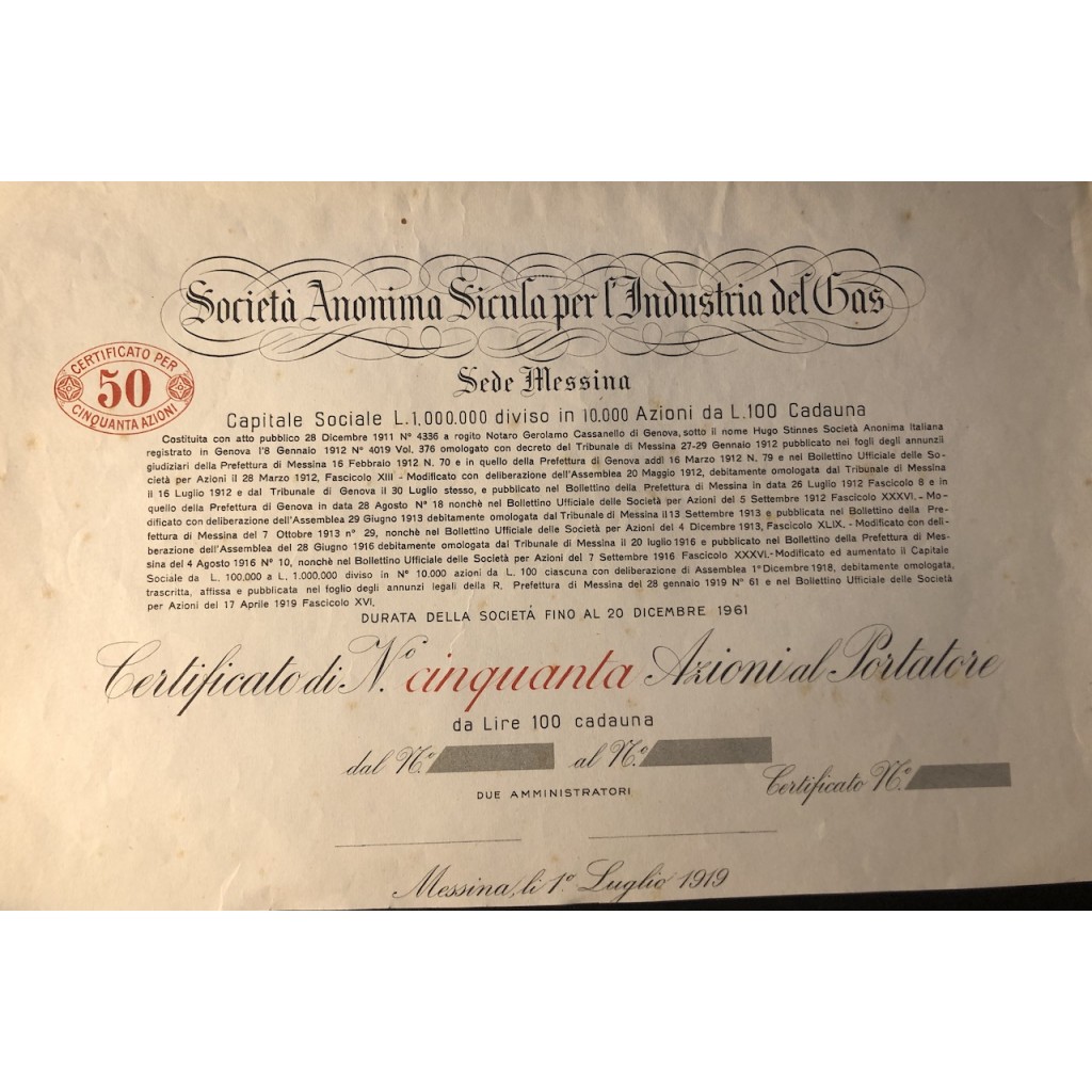 1919 - SOCIETA' ANONIMA SICULA PER L'INDUSTRIA...