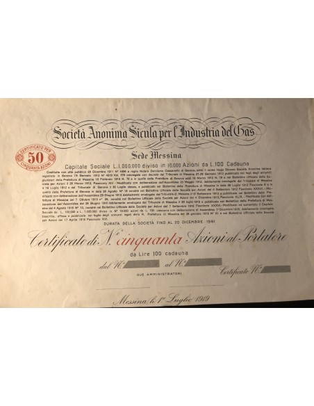 1919 - SOCIETA' ANONIMA SICULA PER L'INDUSTRIA DEL GAS 50 AZIONI - MESSINA