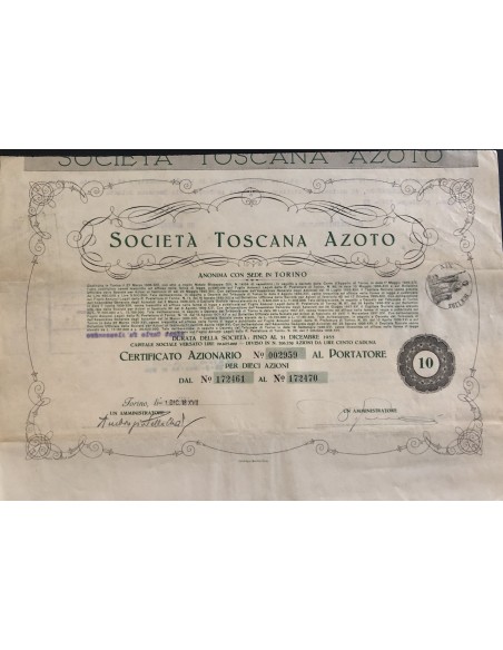 1938 - SOCIETA' TOSCANA AZOTO - 10 AZIONE - TORINO