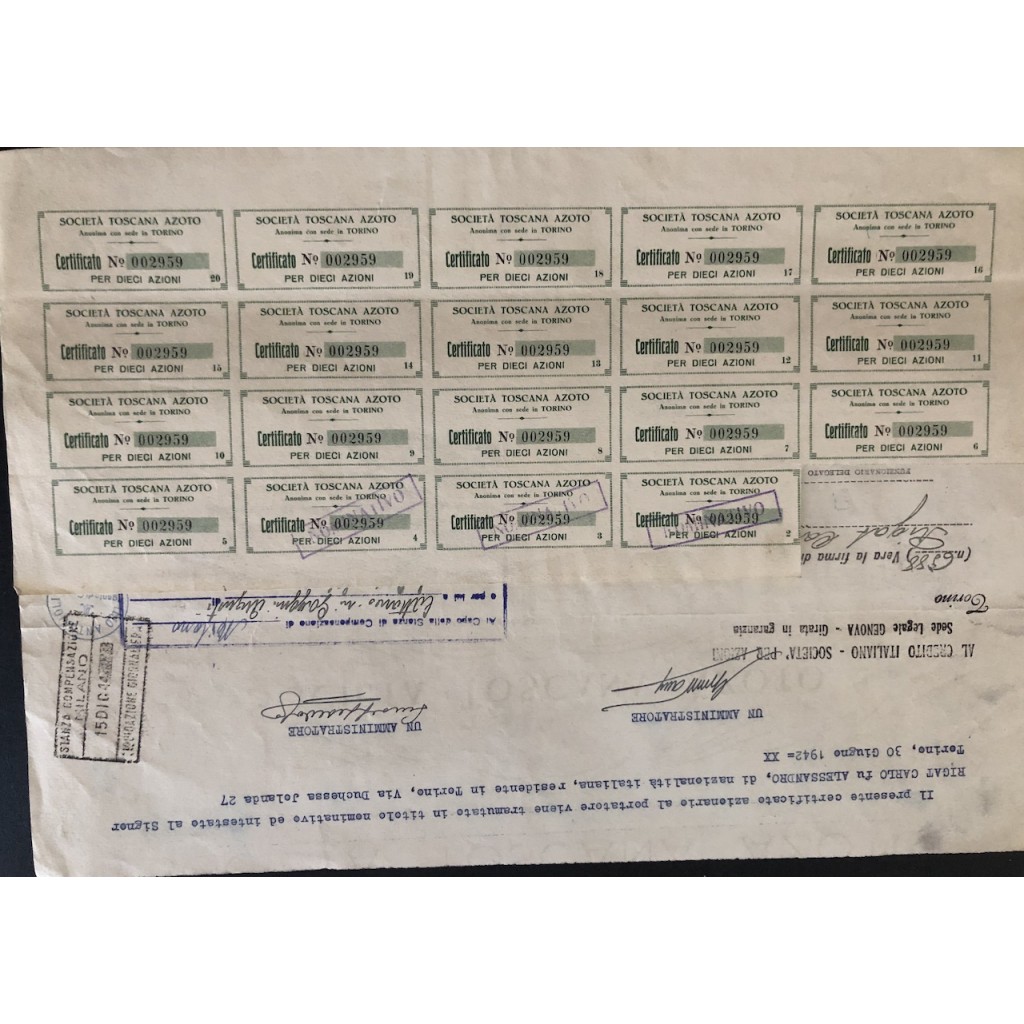 1938 - SOCIETA' TOSCANA AZOTO - 10 AZIONE - TORINO