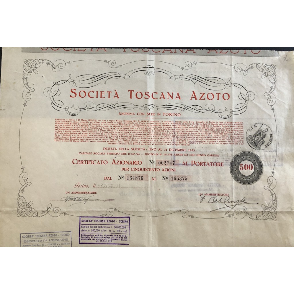 1938 - SOCIETA' TOSCANA AZOTO - 500 AZIONE -...