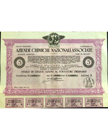 1929 - ACNA AZIENDE CHIMICHE NAZIONALI ASSOCIATE - 5 AZIONI - MILANO