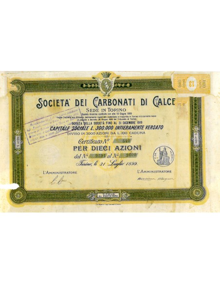 1899 - SOCIETA' DEI CARBONATI DI CALCE - 10 AZIONI - TORINO