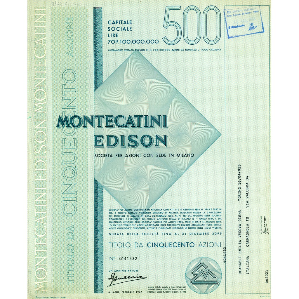 1967 - MONTECATINI EDISON - 500 AZIONI - MILANO