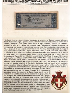 TITOLO PROVVISORIO 1000 LIRE - P. DELLA RICOSTRUZIONE 1946 2