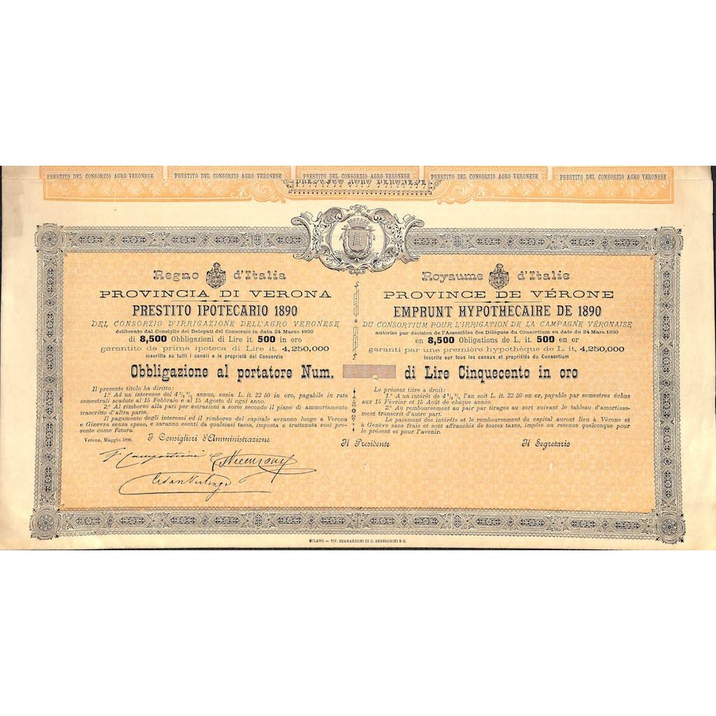 PROVINCIA DI VERONA - PRESTITO IPOTECARIO - 1 OBBLIG. VERONA 1890
