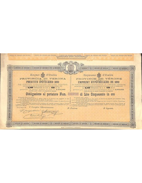 PROVINCIA DI VERONA - PRESTITO IPOTECARIO - 1 OBBLIG. VERONA 1890