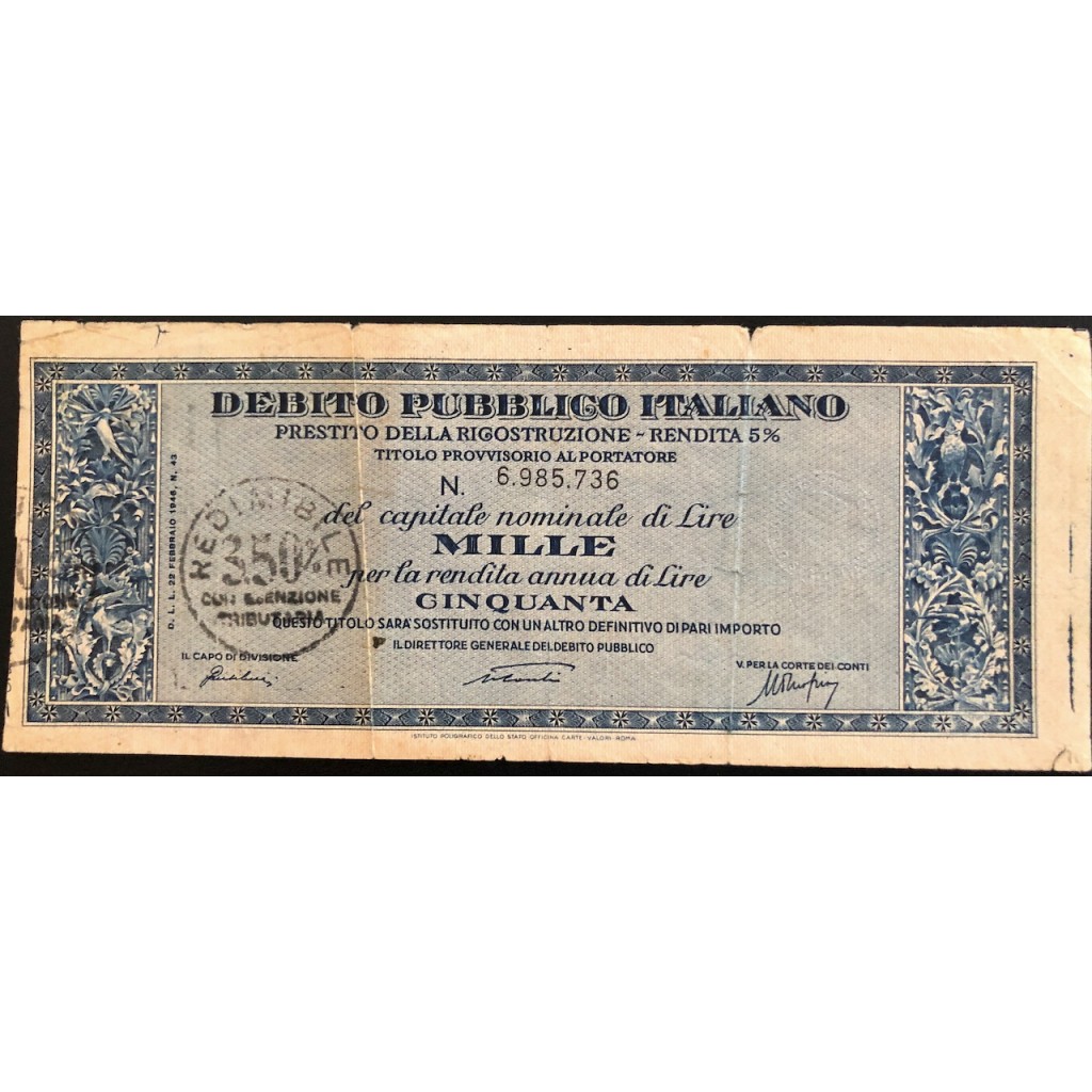 1946 - PRESTITO DELLA RICOSTRUZIONE 5% - TITOLO...