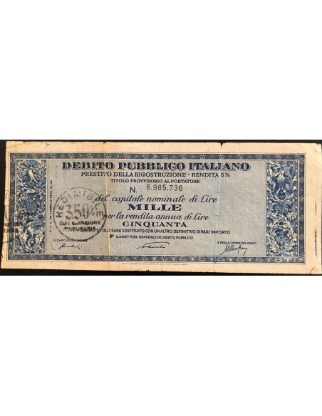1946 - PRESTITO DELLA RICOSTRUZIONE 5% - TITOLO 1.000 LIRE - ROMA (Luogotenenza, blu)
