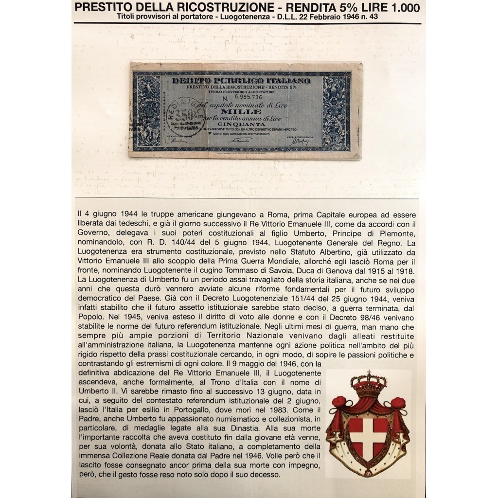 1946 - PRESTITO DELLA RICOSTRUZIONE 5% - TITOLO...