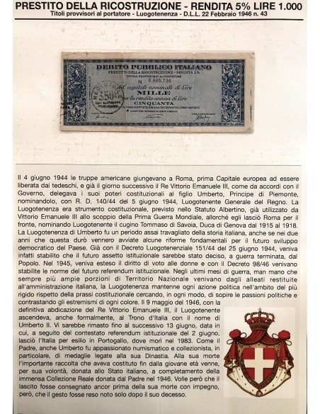 1946 - PRESTITO DELLA RICOSTRUZIONE 5% - TITOLO 1.000 LIRE - ROMA (Luogotenenza, blu)