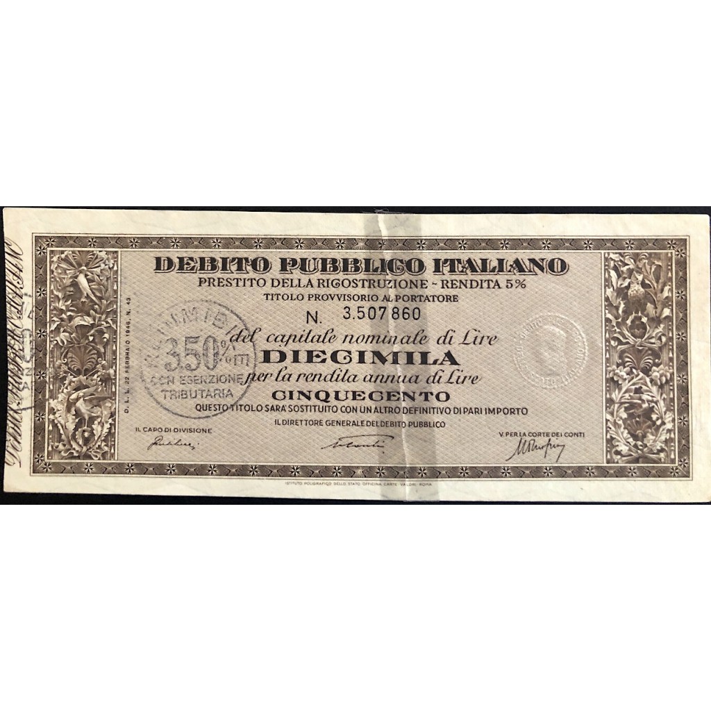 1946 - PRESTITO DELLA RICOSTRUZIONE 5% - TITOLO...