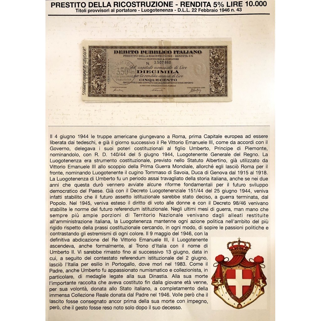 1946 - PRESTITO DELLA RICOSTRUZIONE 5% - TITOLO...