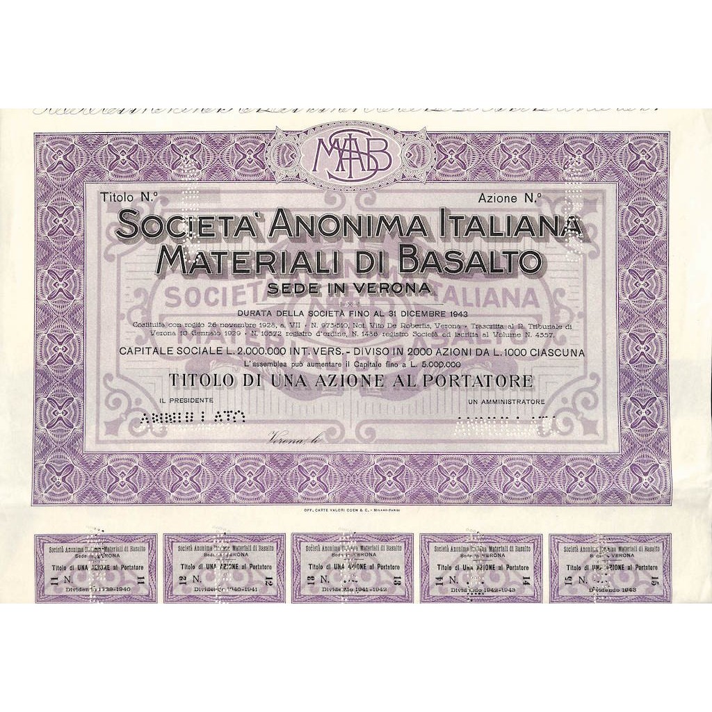 SOC. ANON. ITALIANA MATERIALI DI BASALTO - 1 AZIONE VERONA 1928