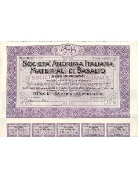 SOC. ANON. ITALIANA MATERIALI DI BASALTO - 1 AZIONE VERONA 1928