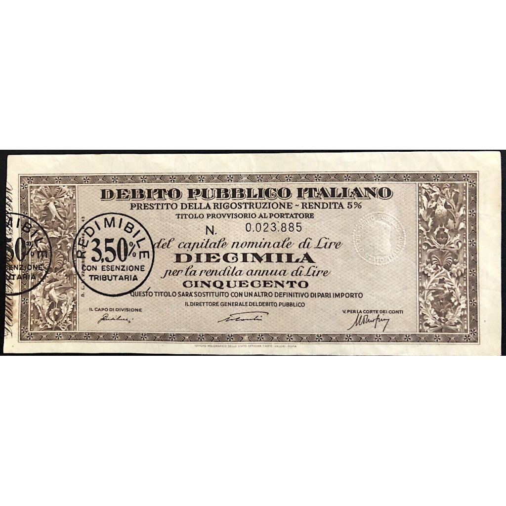 1946 - PRESTITO DELLA RICOSTRUZIONE 5% - TITOLO 10.000 LIRE - ROMA (Luogotenenza, marrone)