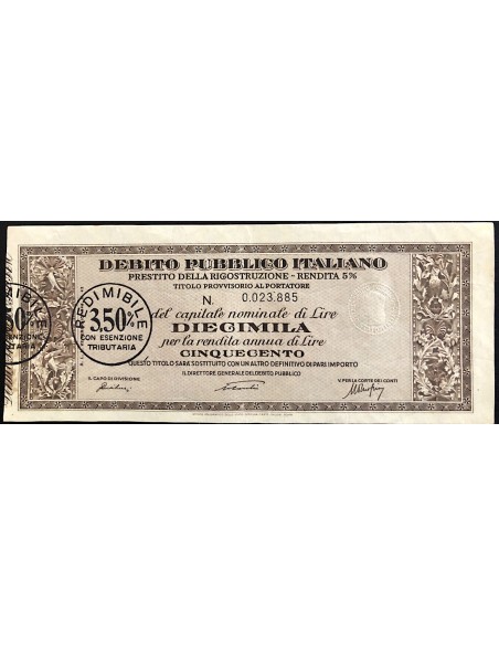 1946 - PRESTITO DELLA RICOSTRUZIONE 5% - TITOLO 10.000 LIRE - ROMA (Luogotenenza, marrone)
