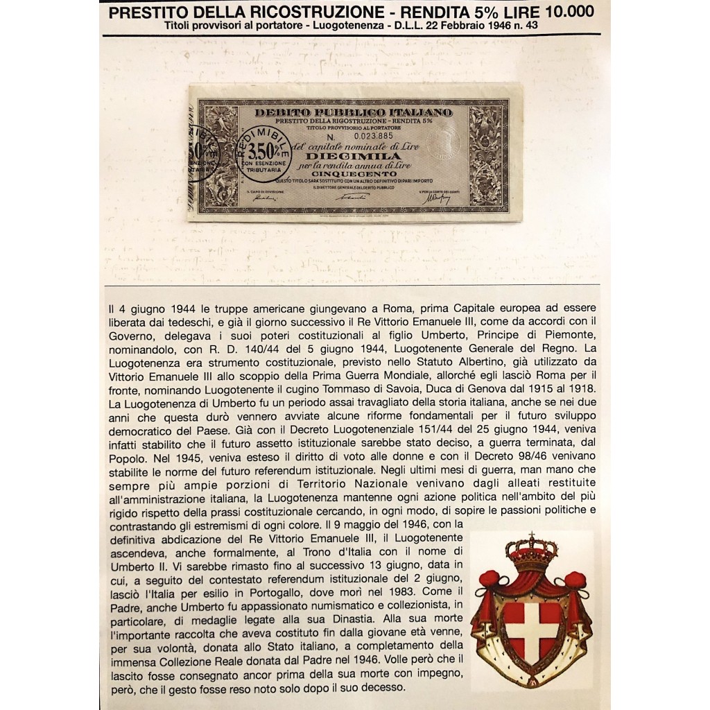 1946 - PRESTITO DELLA RICOSTRUZIONE 5% - TITOLO...