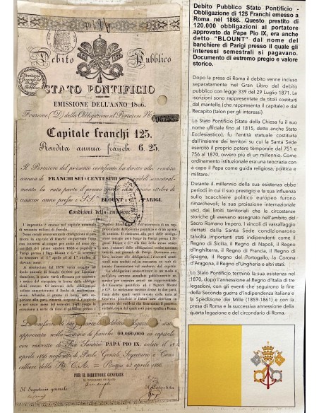 1866 - 5% STATO PONTIFICIO FRANCHI 125 - EMISSIONE 1866 - PRESTITO PAPA PIO IX DETTO "BLOUNT" - ROMA