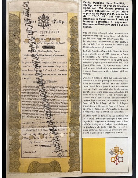 1866 - 5% STATO PONTIFICIO FRANCHI 125 - EMISSIONE 1866 - PRESTITO PAPA PIO IX DETTO "BLOUNT" - ROMA