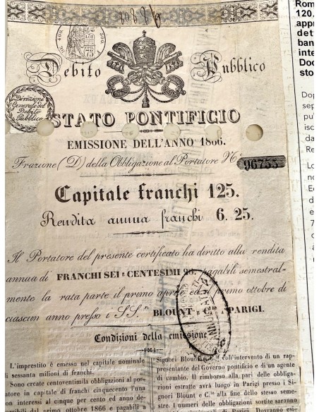 1866 - 5% STATO PONTIFICIO FRANCHI 125 - EMISSIONE 1866 - PRESTITO PAPA PIO IX DETTO "BLOUNT" - ROMA
