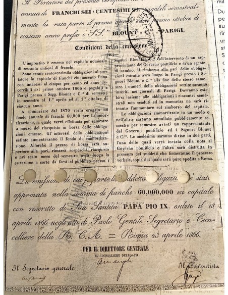 1866 - 5% STATO PONTIFICIO FRANCHI 125 - EMISSIONE 1866 - PRESTITO PAPA PIO IX DETTO "BLOUNT" - ROMA