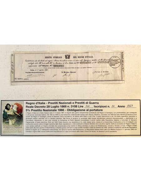 1867 - PRESTITO NAZIONALE CARTELLA PER OBBLIGAZIONE LIRE 100 N. 10 ISCRIZ. - REGNO D'ITALIA - TORINO